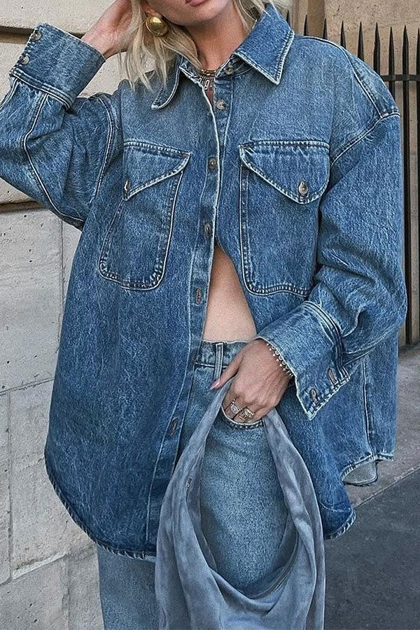 storexq Solid Color Pocket Oversized Washed Denim Jacket