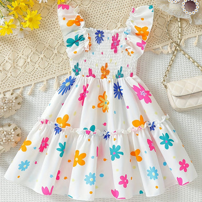 Girls Vibrant Sleeveless Flower Print Dress with Delicate Lettuce Trim - Perfect for Casual Everyday Wear - Multicolor