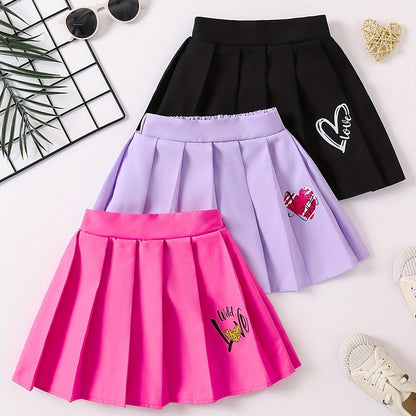 3pcs Girls Heart Graphic Pleated Skirt Set Preppy Style Party Gift