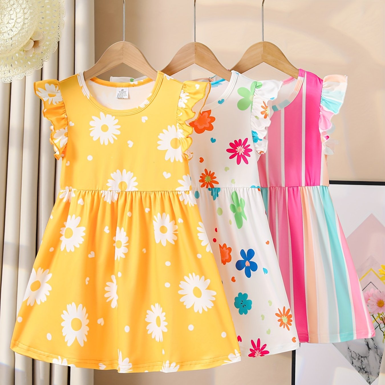 3pcs Girls Adorable Floral Print Ruffle Dress Set - Trendy Summer Leisure Wear for Vacation Fun