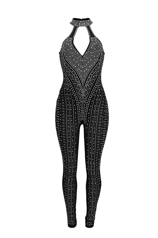 storexq Rhinestone Striking Cutout See-Through Jumpsuit