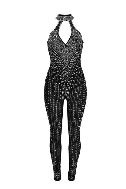 storexq Rhinestone Striking Cutout See-Through Jumpsuit