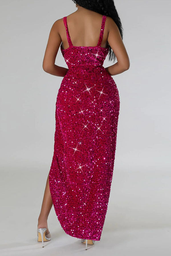 namcoverse Sequined Deep V Neck Simple High Split Midi Dress