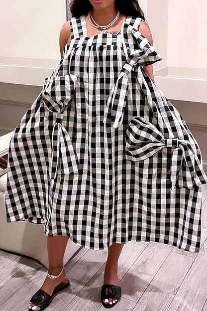 storexq Checked Patchwork Girly Bowknot Midi Dress