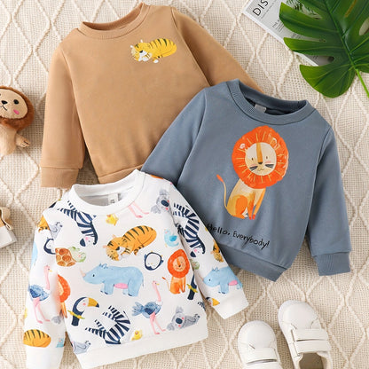 3Pcs Adorable Baby Boys Cartoon Animal Pattern Sweatshirt - Soft, Round Neck, Casual, Comfy, Breathable, Spring, Summer, Fall Essential Top for Daily Wear - Vibrant Colors, Fun Designs