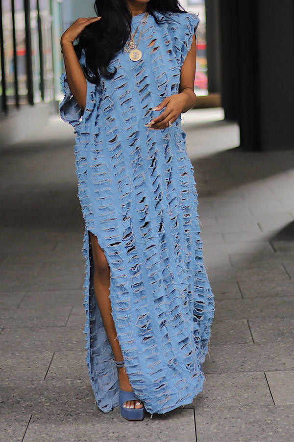 storexq Ripped Denim Oversized High Split Maxi Dress