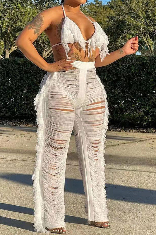 storexq Solid Color Romantic Ripped Tassels Knitted Pant Suit Beachwear