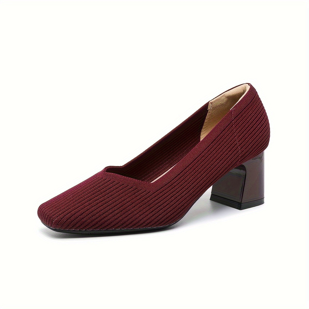 Chic Square-Toe Knitted Pumps - Comfortable Chunky Heel - Versatile Solid Colors - Perfect for Office Wear