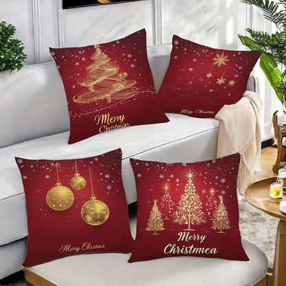 4-Piece Set of Christmas Pillows, 17.2"x17.2" each, Red Christmas Tree & Ornament Print, Zipper Closure, Soft Polyester Fiber, Contemporary Style, Machine Washable, Living Room Sofa Decor