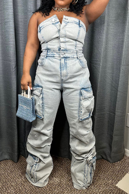 storexq Washed Denim Strapless Casual Multi Pocket Jumpsuit