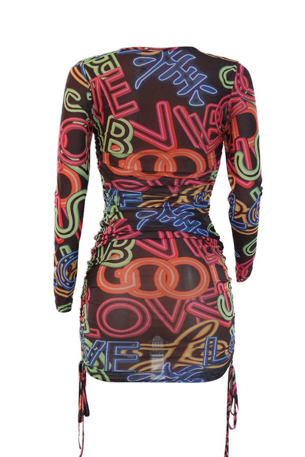 namcoverse Letter Print Hot Drawstring See-Through Mini Dress