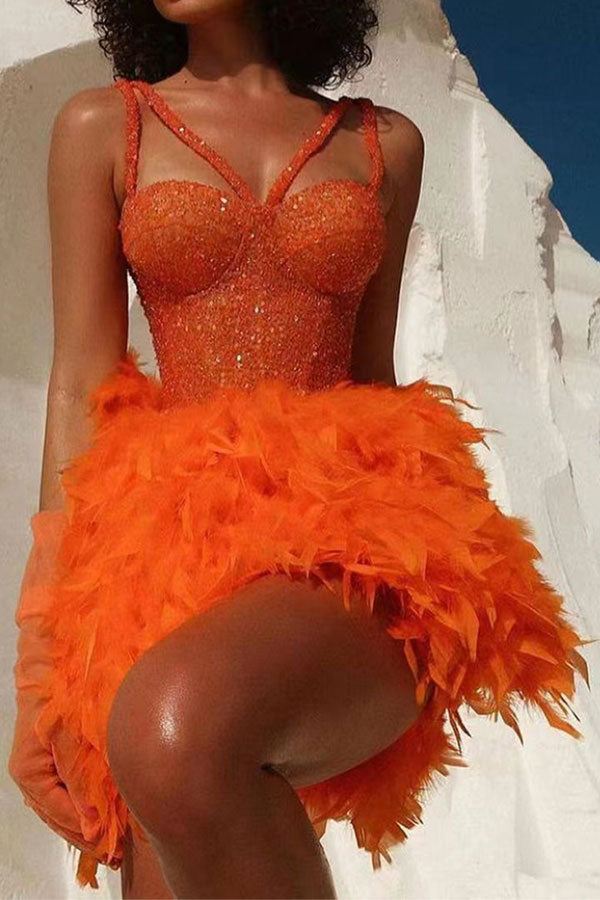 storexq Sequined Patchwork Sweet Feather Mini Dress