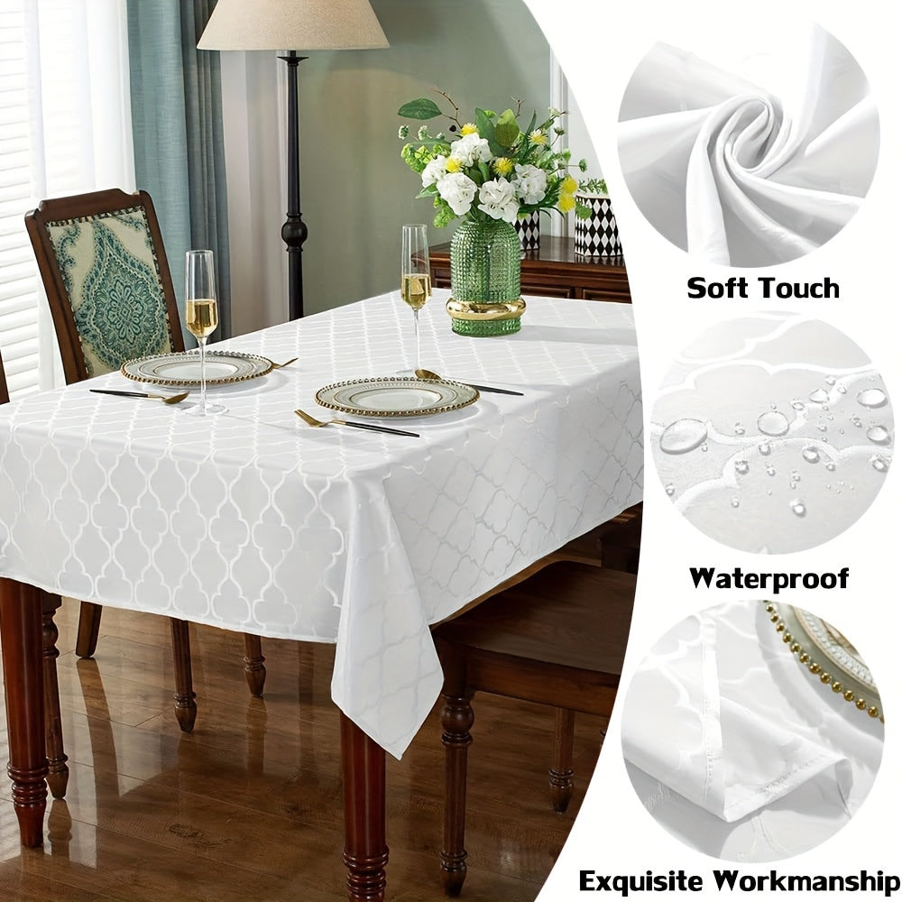 1pc Premium White Rectangle Waterproof Tablecloth - Durable Jacquard Design, Stain & Spill-Proof, Wrinkle-Resistant, Washable - Perfect for Dining, Parties, Indoor & Outdoor Events - Adds Elegance to Any Table Setting