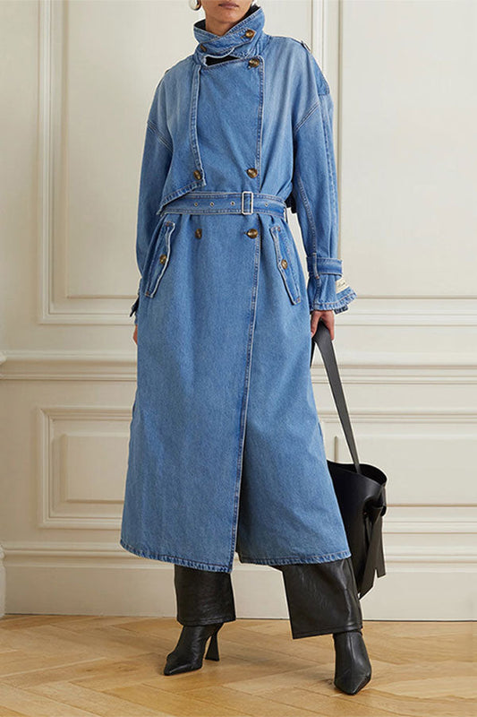 storexq Washed Gradient Denim Feminine Belted Trench Coat