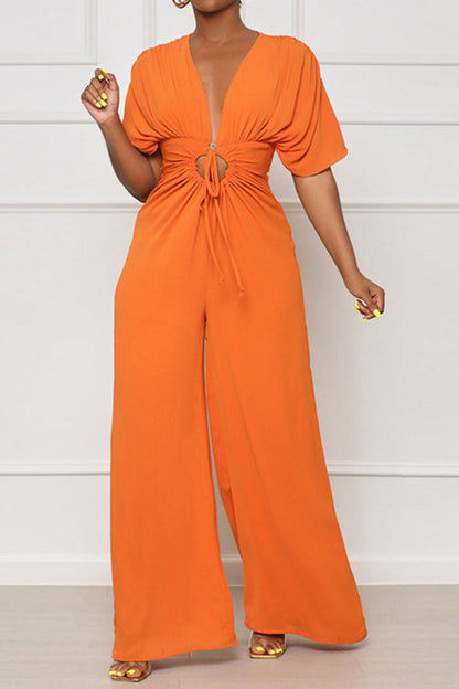 storexq Solid Color Casual Lace-Up Cutout Wide Leg Jumpsuit