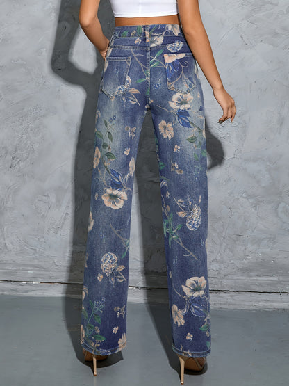 Fashionable Womens Floral Print Jeans - Loose Fit, Distressed Denim, Practical Pockets, Casual Straight Leg Pants for Everyday Style