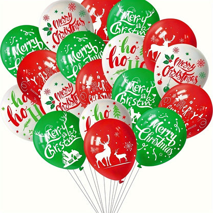 18pcs Christmas Party Balloon Set - 12" Green, Red & White Latex with Reindeer & Tree Prints for Festive Decorations