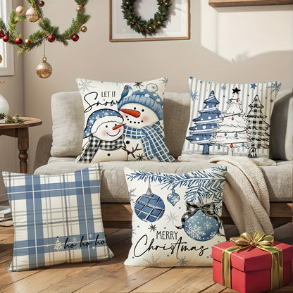 4pcs/set Christmas Pillow Covers, Cute Square Cushion Covers, Blue Style Merry Christmas Text Pattern Throw Pillow Covers, Christmas Tree, Jingle Bell & Santa Claus Cushion Case, Ideal For Home Sofa Living Room Winter Holiday Decor, 17.7x17.7 Inch