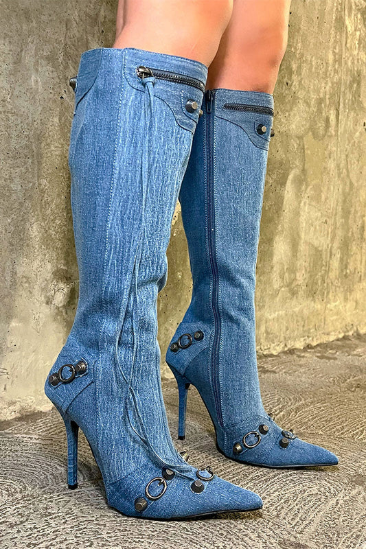 storexq Rivet & Tassel Design Cool Pointed Toe Denim Boots