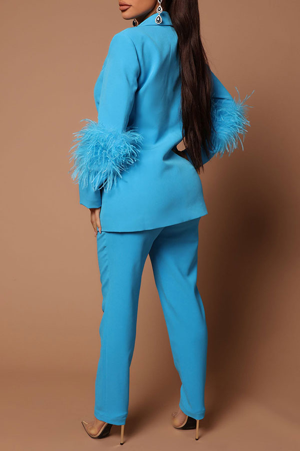 storexq Solid Color Feather Trim Stylish Pant Suit