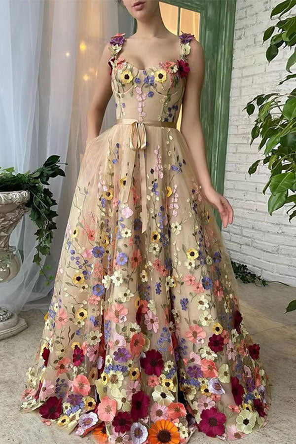 storexq Floral Embroidery Stunning Lace-Up Tulle Maxi Dress