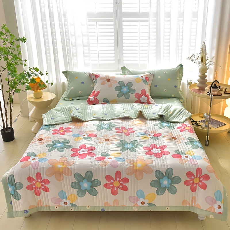 3pcs Luxurious Skin-Friendly Floral Quilt Set - Soft, Breathable, and Comfortable for All Seasons - Ideal for Single, Double, Hotel, Home, Bedroom, Guest Room, and Sofa with 1 Thin Quilt and 2 Pillowcases