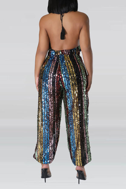 storexq Colorful Striped Sequined Backless High Split Jumpsuit