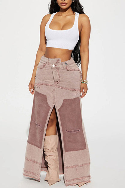 storexq Color Block Patchwork Unique High Split Denim Skirt