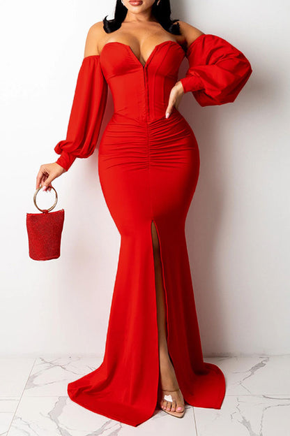 storexq Solid Color Glamorous Off Shoulder Fishtail Maxi Dresses