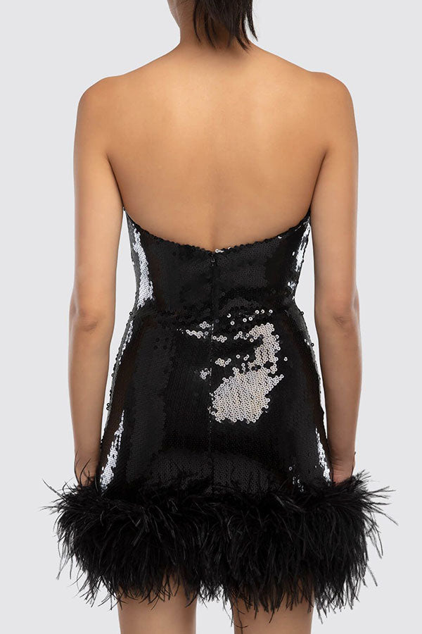 storexq Sequined Glamorous Feather Hem Mini Dress