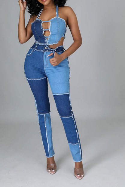 storexq Color Block Burrs Patchwork Unique Cutout Denim Pant Suit