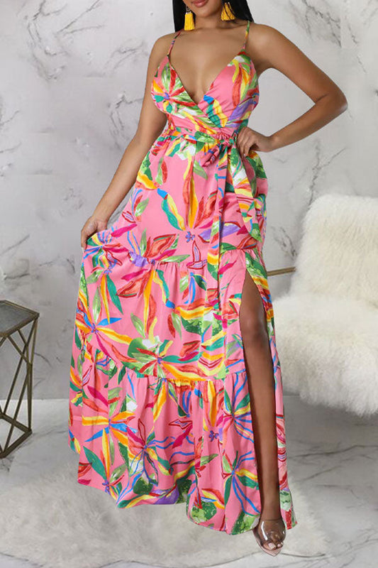 storexq Floral Print On-trend Lace-Up High Split Maxi Dress