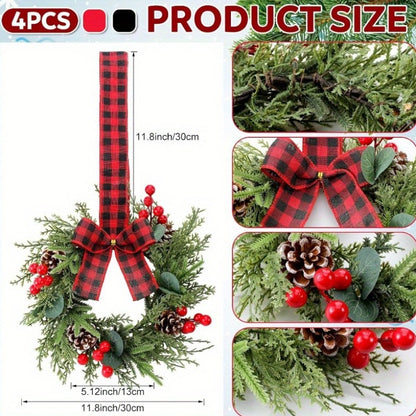 4-Pack Traditional Christmas Mini Wreaths, Artificial Snowy Cedar with Plaid Ribbon, Farmhouse Style Cabinet Hanging Wreaths for Kitchen, Holiday Xmas Window & Door Decor, No Power Required