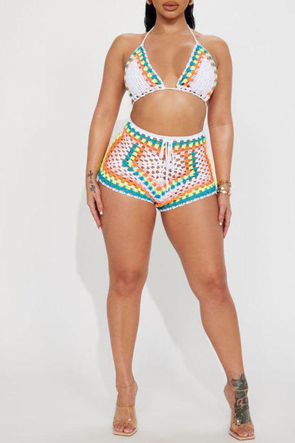 storexq Colorful Crochet Hot Halter Collar Pant Suit