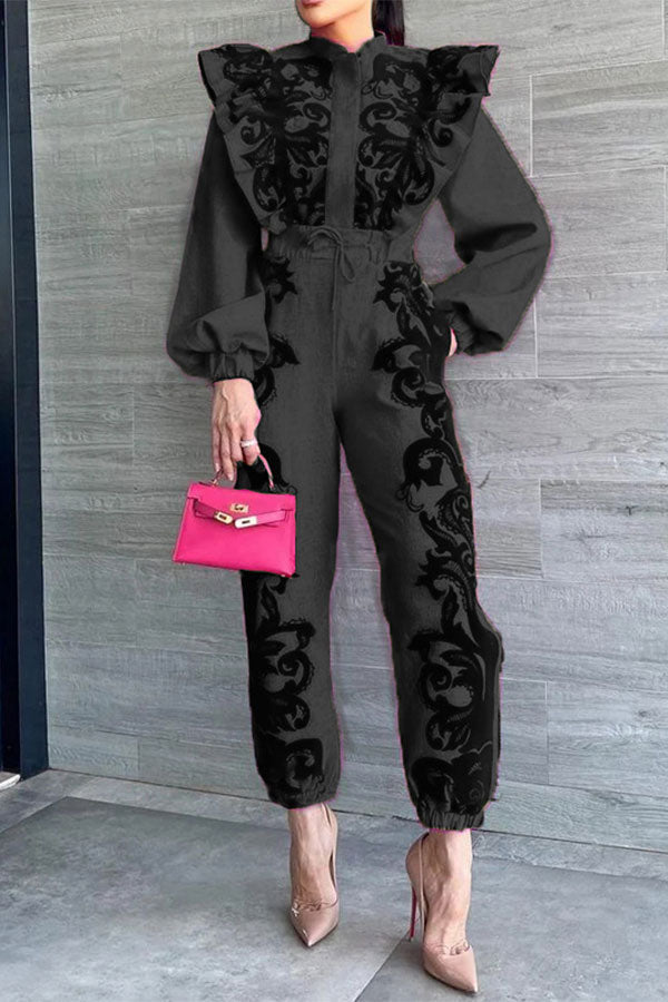 storexq Floral Print Sweet Ruffle Patchwork Pant Suit