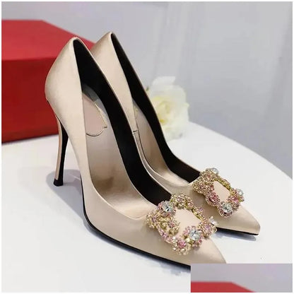 Sandals Luxury Rhinestone Pointed Toe Stiletto Heel Women Satin Designer Dress Shoes Ladies Elegant Crystal Wedding Bridal Pumps 24061 Dhid1