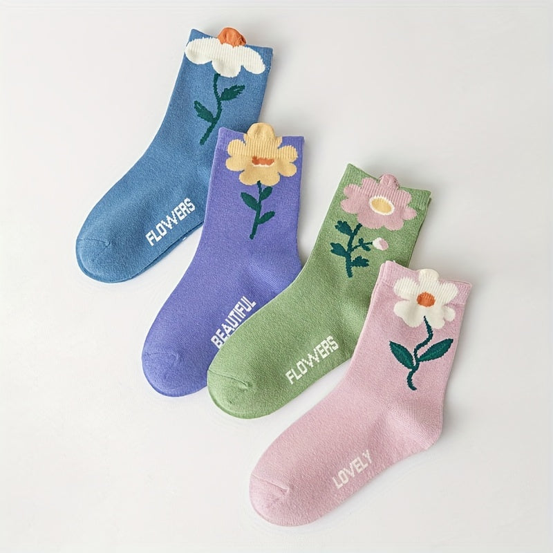 4 Pairs of Little Princess Soft Bloom Floral Patterned Cotton Low-Cut Socks - Ultra Comfy, Breathable, and Elastic for All-Season Wear - Perfect for Active Girls