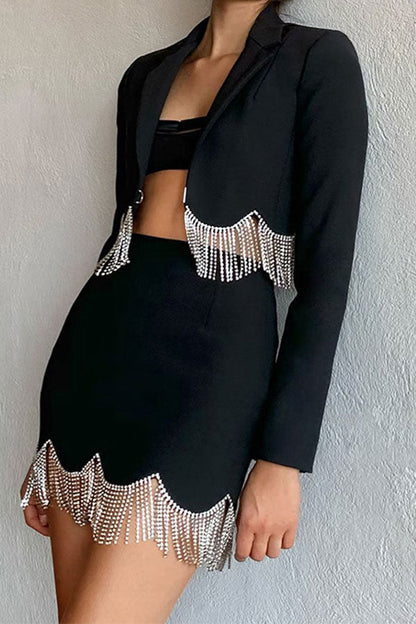 storexq Patchwork Rhinestone Tassel Glamorous Irregular Skirt Suit