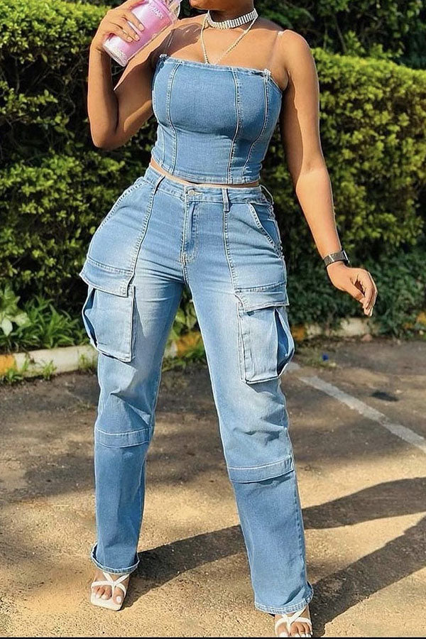 storexq Blue Gradient High Waist Classic Multi Pocket Jeans