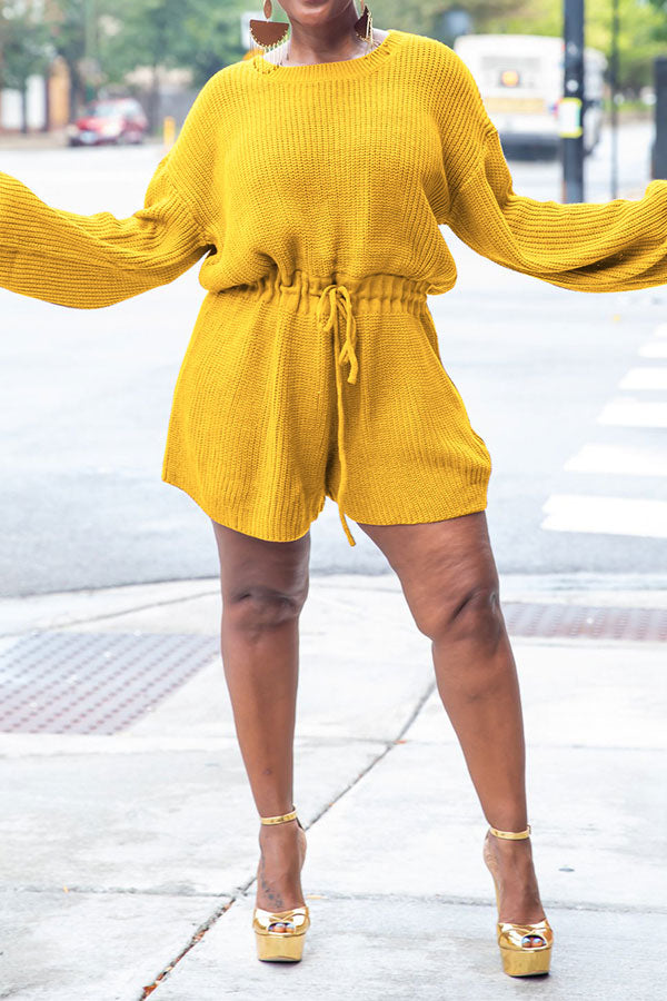 storexq Solid Color Knitted Classic Drawstring Romper