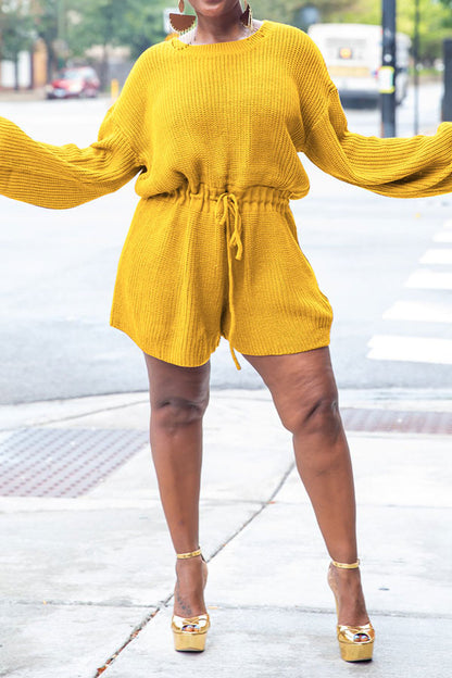 storexq Solid Color Knitted Classic Drawstring Romper