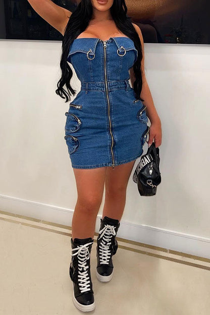 namcoverse Blue Denim Strapless Punk Zipped Design Pocket Mini Dress