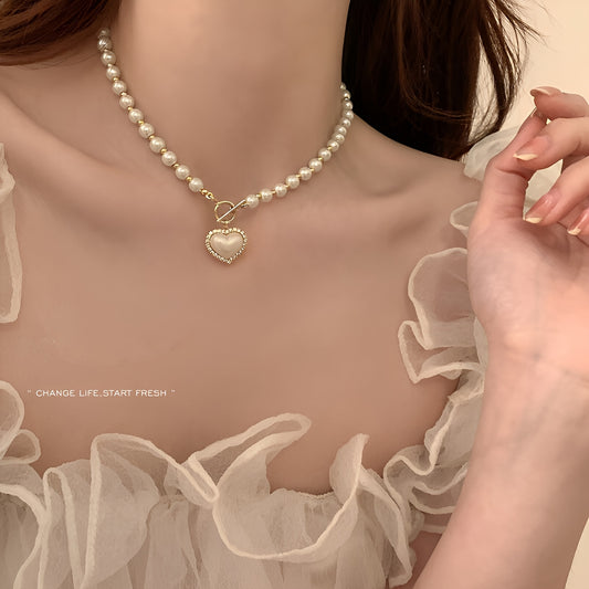 Super Fairy Temperament Imitation Pearl Love Necklace Sweet Elegant Minimalist OT Buckle Clavicle Chain Women Versatile Daily Banquet Party Wear Jewelry