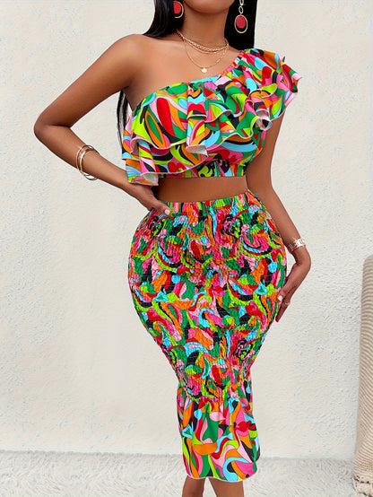 Fashion-forward One-Shoulder Ruffle Skirt Set - Allover Print Two-Piece Outfit for Women - Flirty & Stylish Casual to Dressy Wear