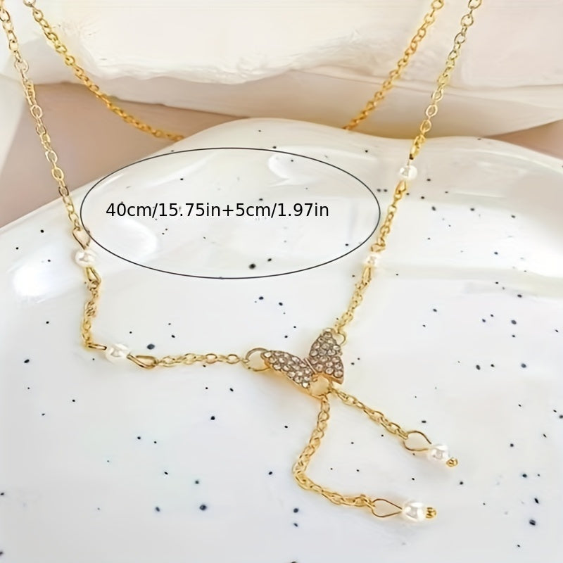 Women Trendy Faux Pearl Butterfly Clavicle Chain, Creative Necklace, Party Wedding Banquet Jewelry