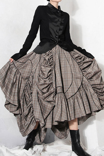 storexq Plaid Dramatic Ruffle Irregular Skirt