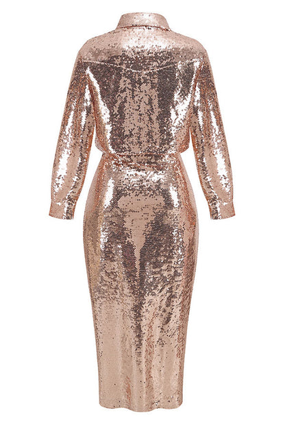 storexq Sequined Sparkly Shirt Collar Pocket High Split Dress Suit