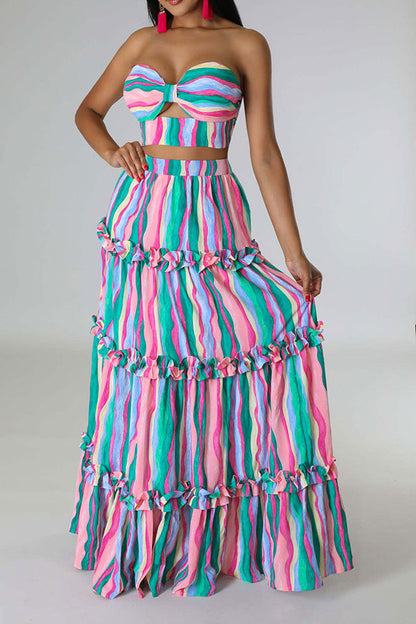 storexq Rainbow Stripe Flattering Tiered Ruffle Dress Suit