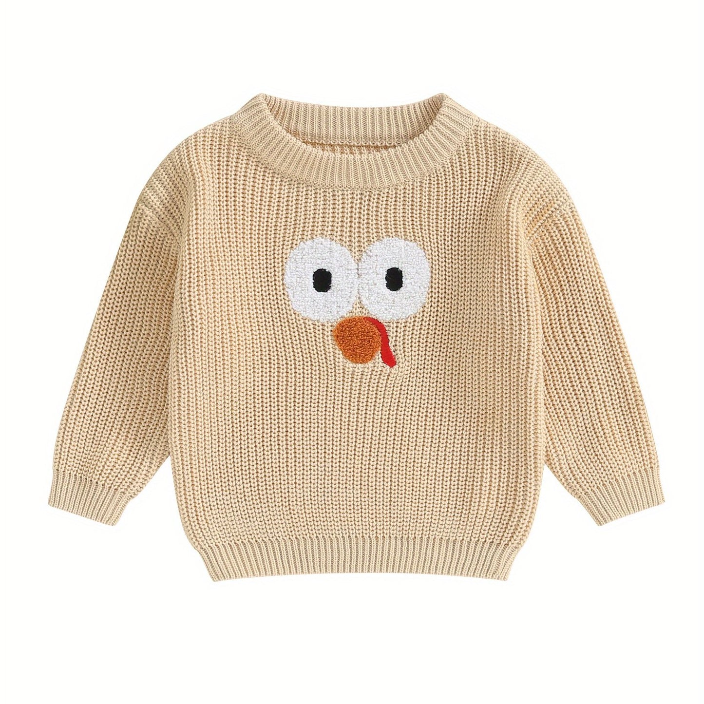 0-5 Years Adorable Turkey Embroidery Crew Neck Sweater - Soft, Long Sleeve, Fall Pullover for Kids, Boys, Girls - Thanksgiving Day Gift, Casual, Comfortable, Warm, Cozy Tops for Autumn