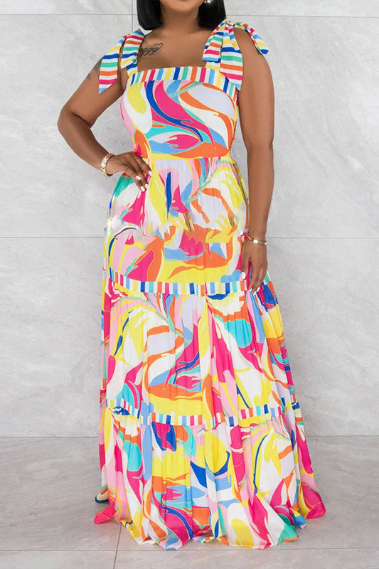 storexq Floral Print Colorful Tiered Ruffle Maxi Dress